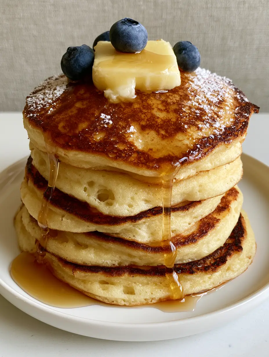 A tall majestic stack of four ultra-fluffy buttermilk pancakes on a white ceramic plate with melting butter and blueberries. (Pancake Clipart)