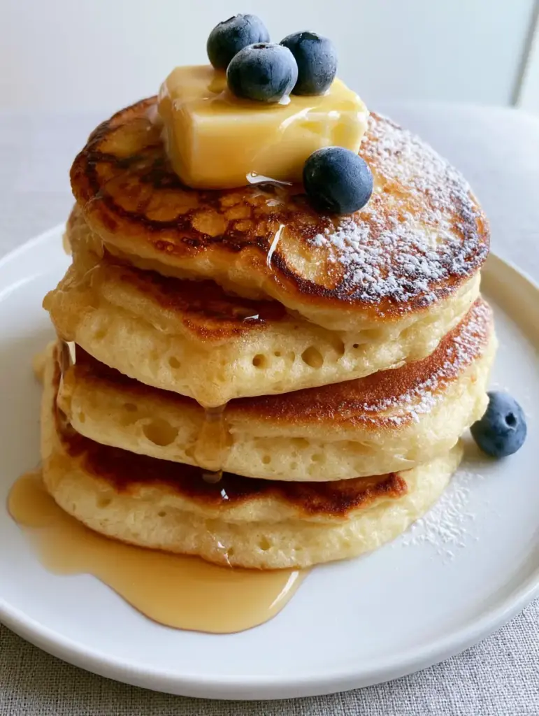 Close up shot of golden lacy edges and aerated centers of a four-layer pancake stack. (Pancake Clipart)