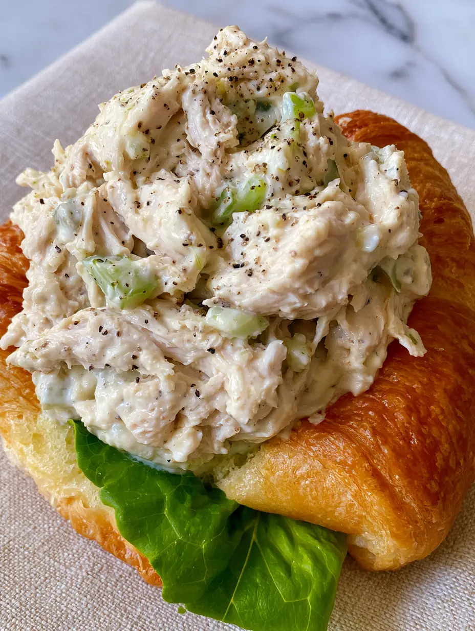 Close up photo showing the fine ivory chicken fibers and glossy mayonnaise texture. (Chicken Salad Chick recipe)