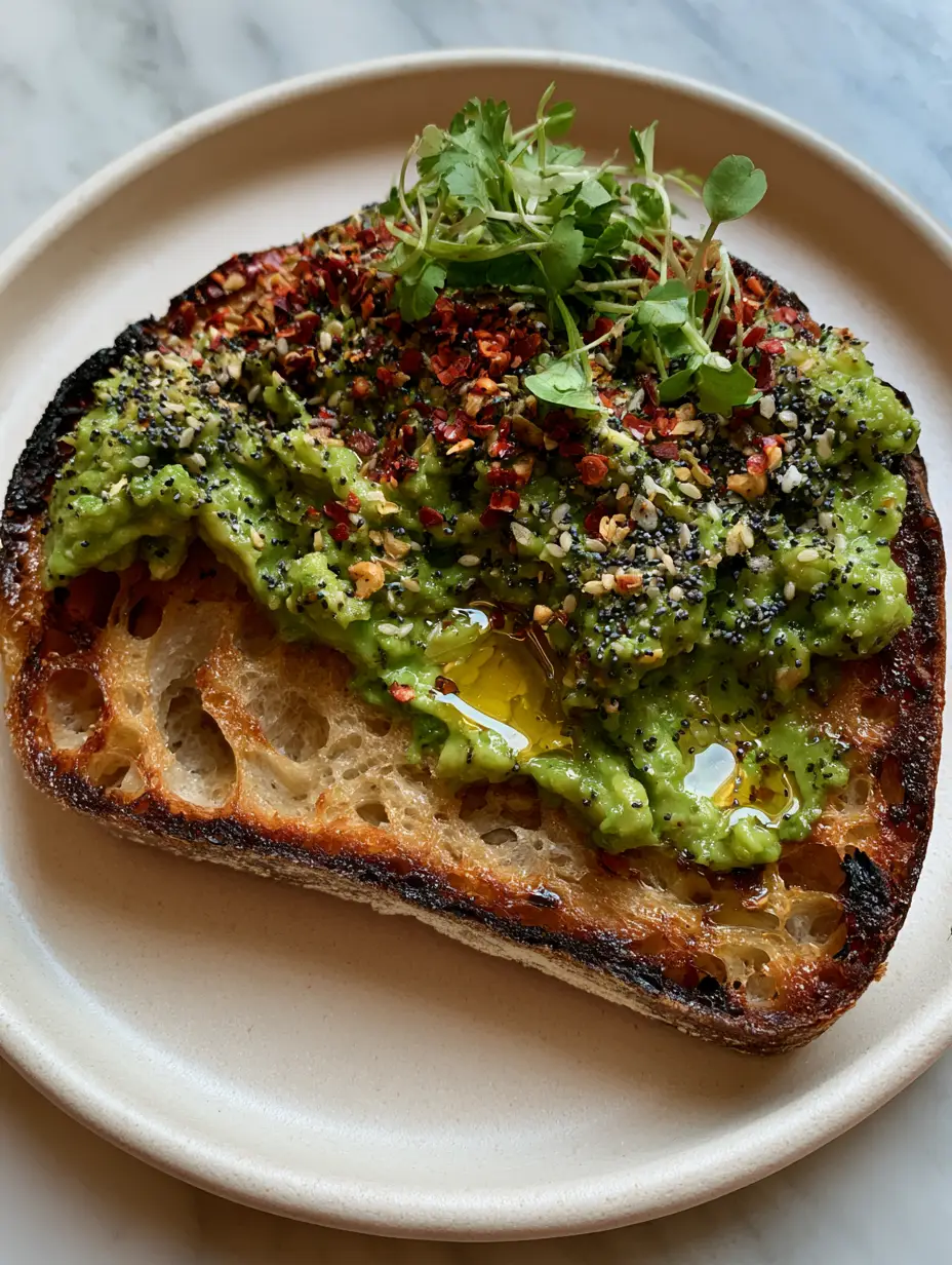 Overhead editorial shot of thick-cut sourdough toast topped with chunky avocado and red pepper flakes, emphasizing the avocado toast wall art aesthetic.