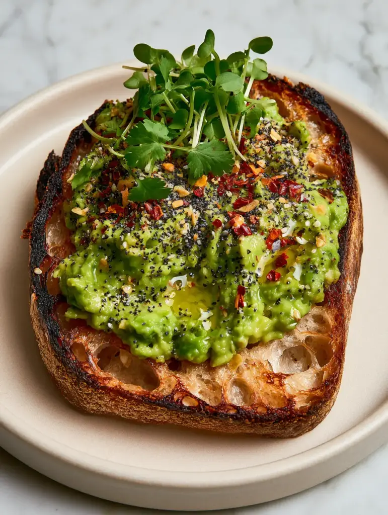 Close-up of glossed avocado toast on a marble background, showcasing the everything bagel seasoning dusting for avocado toast wall art.