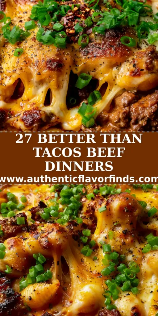 A bubbling cast iron skillet of cheesy beef and pasta shells, garnished with scallions and chili flakes. (ground beef dinner recipes)