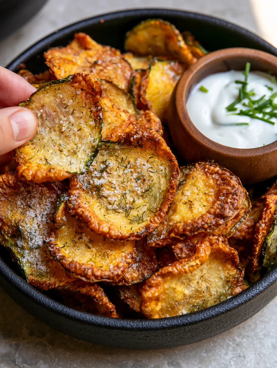 Top-down view of a matte black bowl filled with translucent cucumber chips and a side of chive yogurt dip. (cucumber chips recipe)