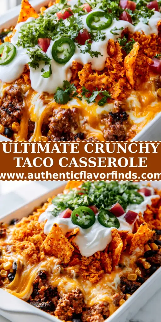 A high-angle shot of a cheesy Doritos taco casserole in a white ceramic dish featuring jagged chips, bubbling cheese, and fresh jalapeños.