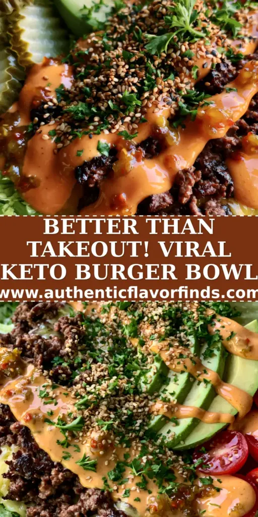 A top-down macro view of a Keto Burger Bowl featuring seared beef with melted cheddar, avocado, and special sauce drizzle. (Burger Bowl Recipe)