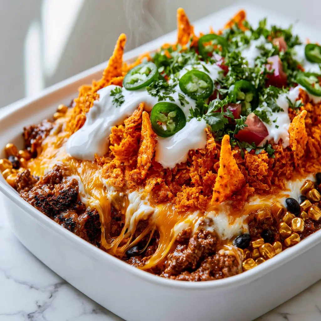 Close-up of Doritos taco casserole showing long cheese pulls and vibrant orange nacho chips.