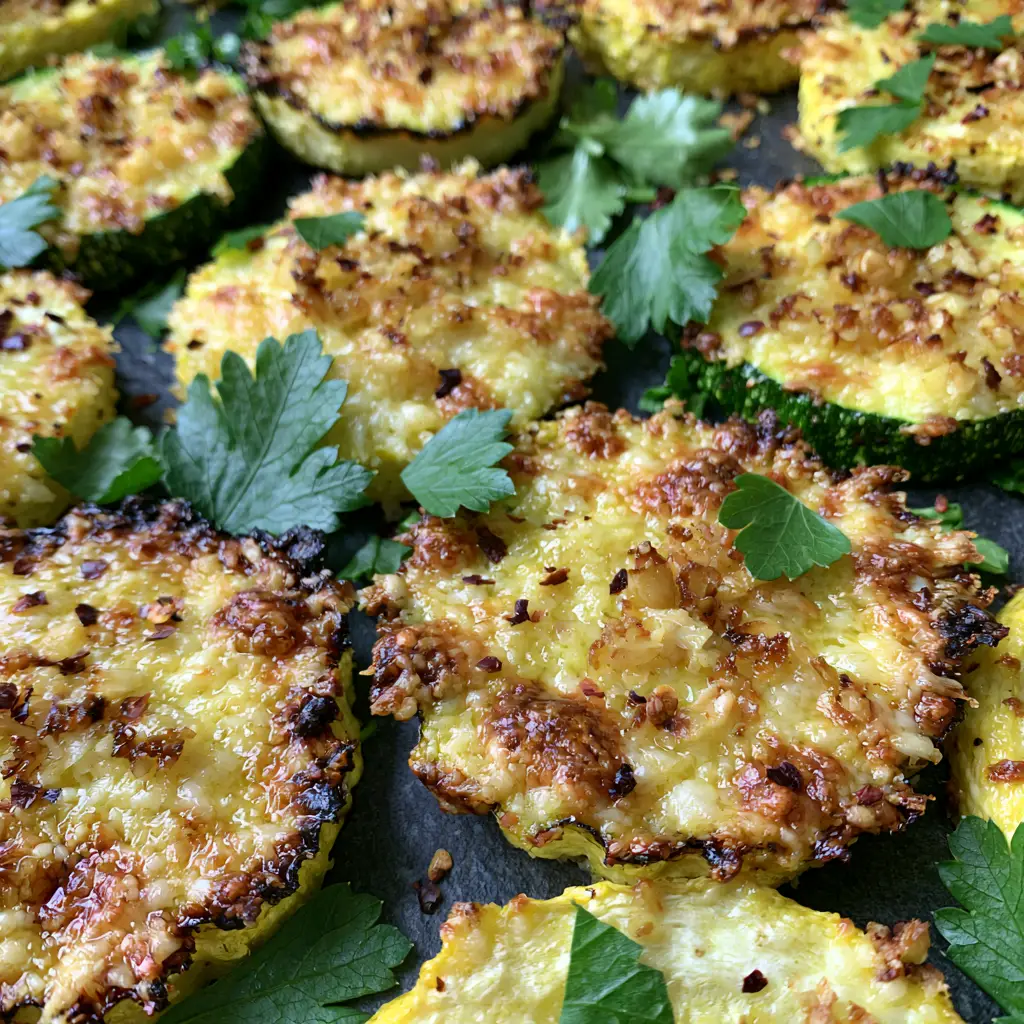 Macro view of the garlic parmesan zucchini and squash medley showing zero moisture, red pepper flakes, and fresh parsley on a dark slate background.