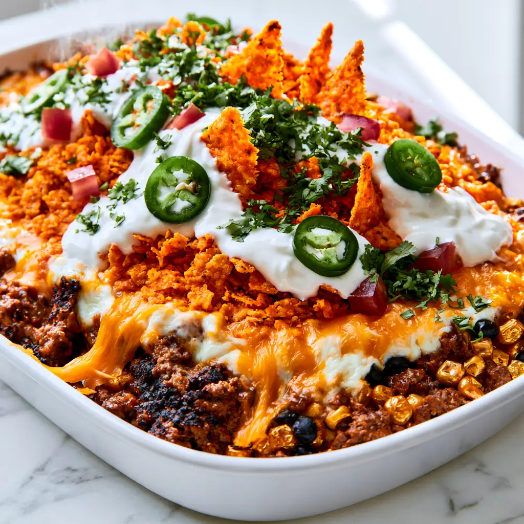 Handheld smartphone photo of a finished Doritos taco casserole with steam rising and fresh cilantro garnish.