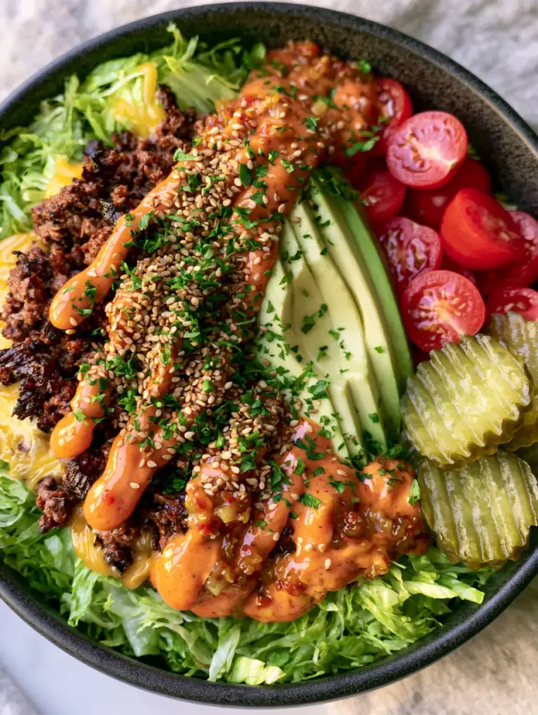 A matte charcoal bowl filled with shredded romaine, sliced avocado, cherry tomatoes, and pickles. (Burger Bowl Recipe)