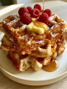 Close-up of a stack of three thick Belgian waffles showing the deep pockets and golden-brown crispy exterior. (homemade waffles recipe)