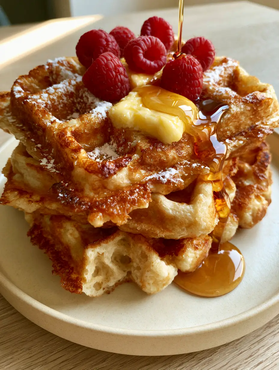 Close-up of a stack of three thick Belgian waffles showing the deep pockets and golden-brown crispy exterior. (homemade waffles recipe)