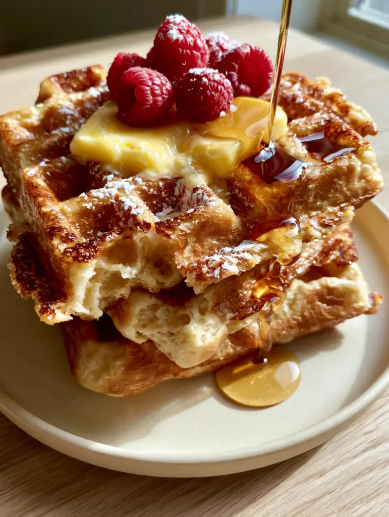 A side view of Belgian waffles with syrup frozen in motion and two pats of melting salted butter. (homemade waffles recipe)