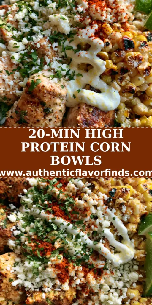 A top-down macro photo of a Street Corn Chicken Bowl with charred chicken, blistered corn, cotija cheese, and a Mexican crema drizzle in a grey bowl.