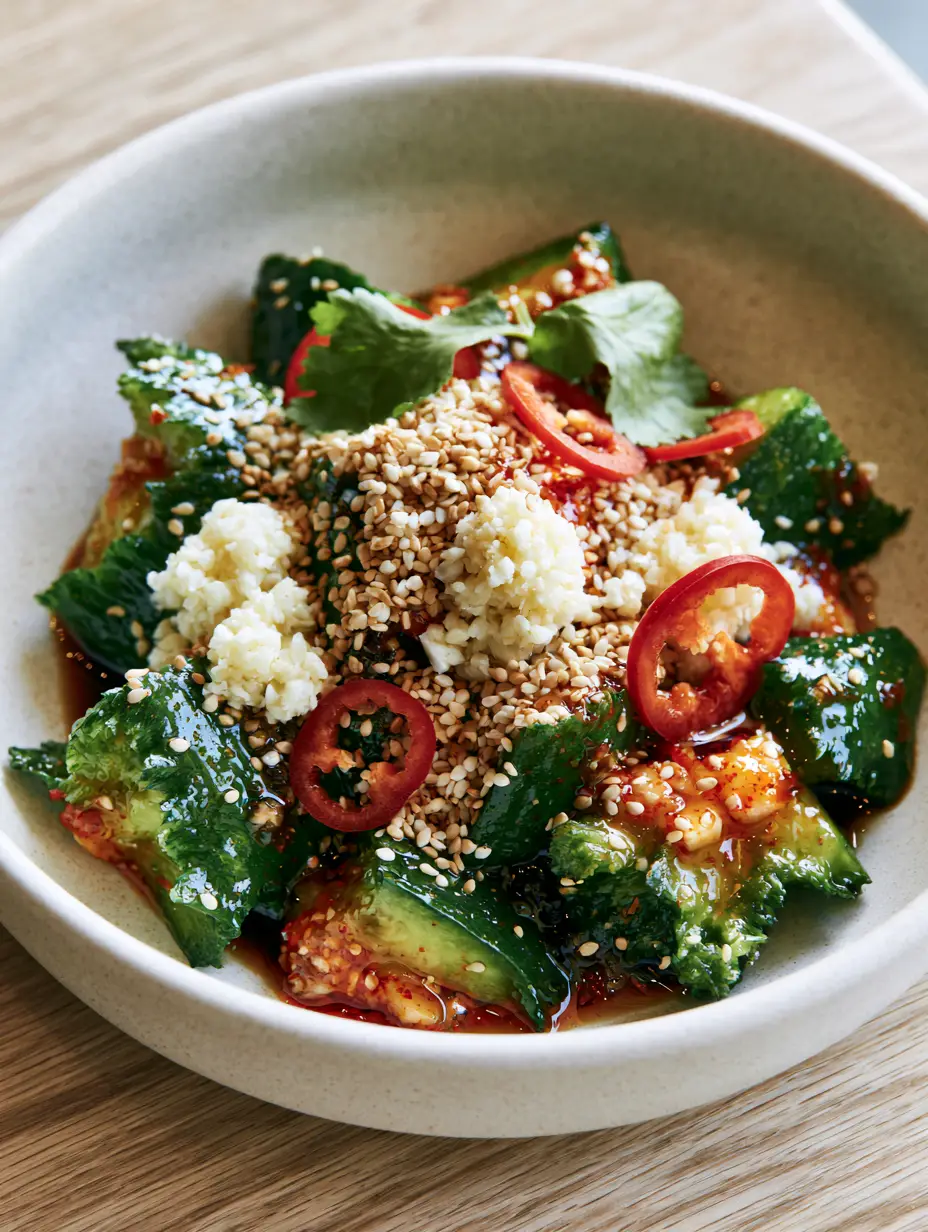 Close up of smashed Persian cucumbers with craggy edges and glossy chili oil dressing. (cucumber salad recipes)
