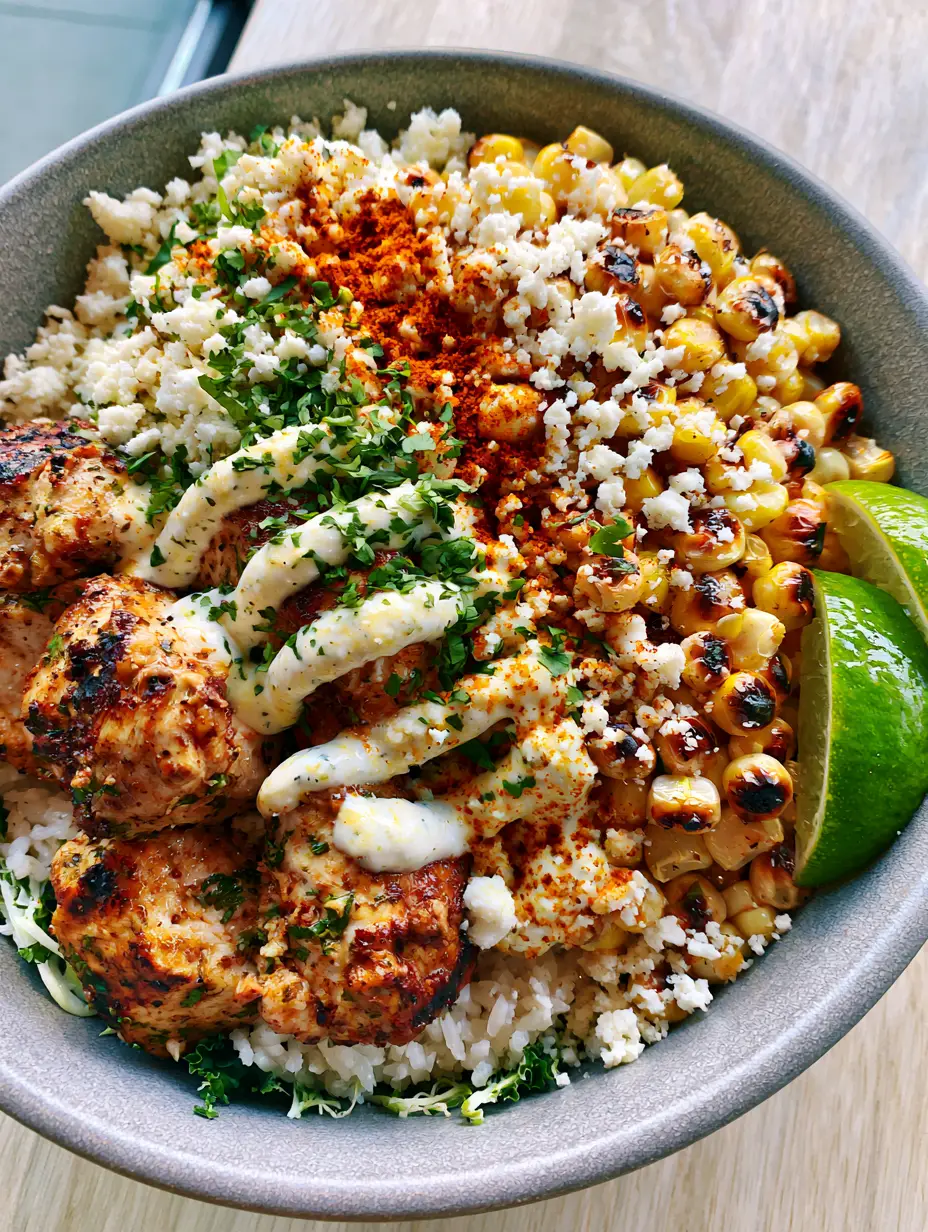 Close-up of seared cilantro lime chicken cubes with golden char and blistered corn kernels in a Street Corn Chicken Bowl.