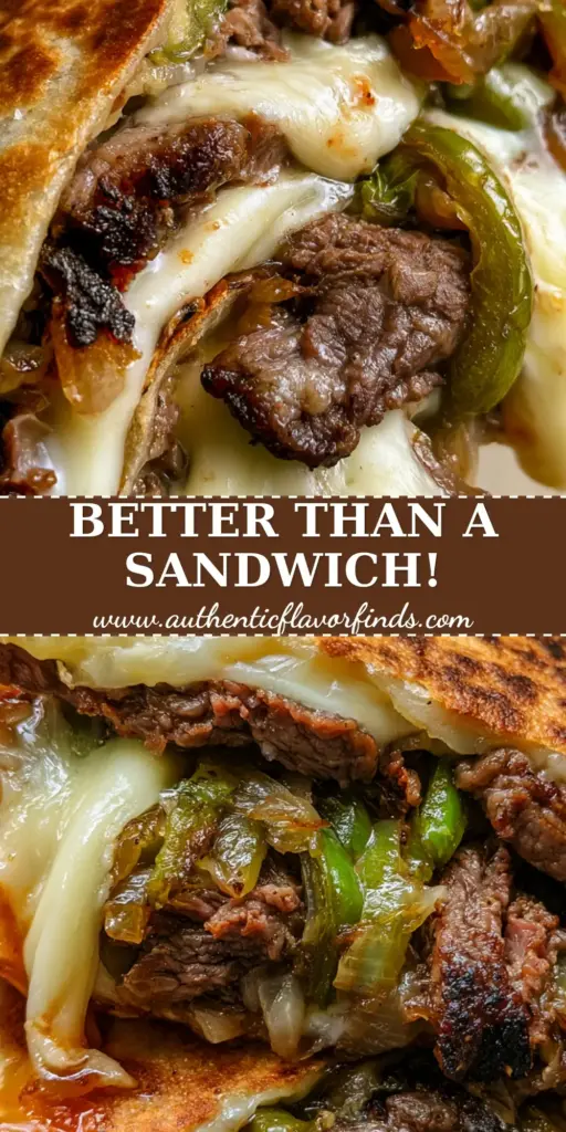 A cross-section of a sliced Philly cheesesteak quesadilla showing layers of shaved ribeye, melted cheese, and caramelized peppers with a golden-brown toasted tortilla. (Philly cheesesteak quesadilla recipe)