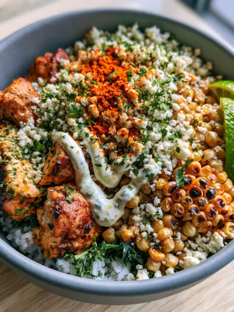 A Street Corn Chicken Bowl showing the zig-zag crema pattern, crumbled cotija, and dusting of red smoked paprika over rice and kale.