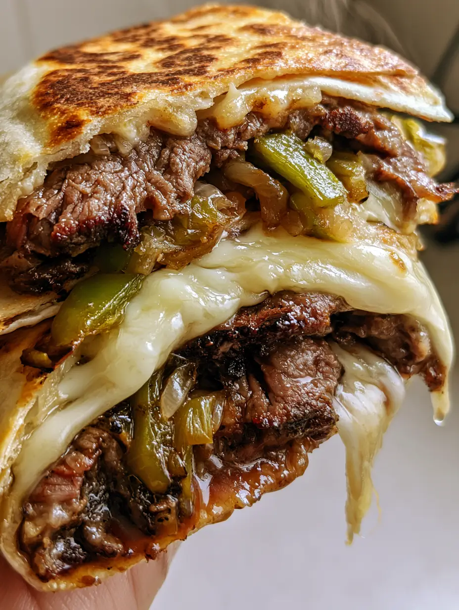 Macro shot of a buttery, toasted flour tortilla with leopard spotting and crystalline salt crunch. (Philly cheesesteak quesadilla recipe)