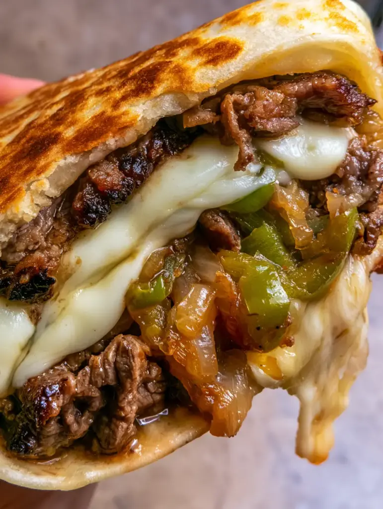 Extreme close-up showing glossy steak jus and melted mozzarella oozing from a Philly cheesesteak quesadilla.