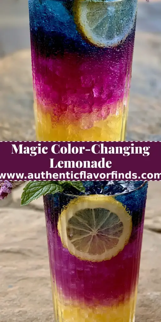 A tall ribbed glass filled with a tri-layered Butterfly Pea Lemonade showing yellow, magenta, and blue levels with crushed ice and mint.
