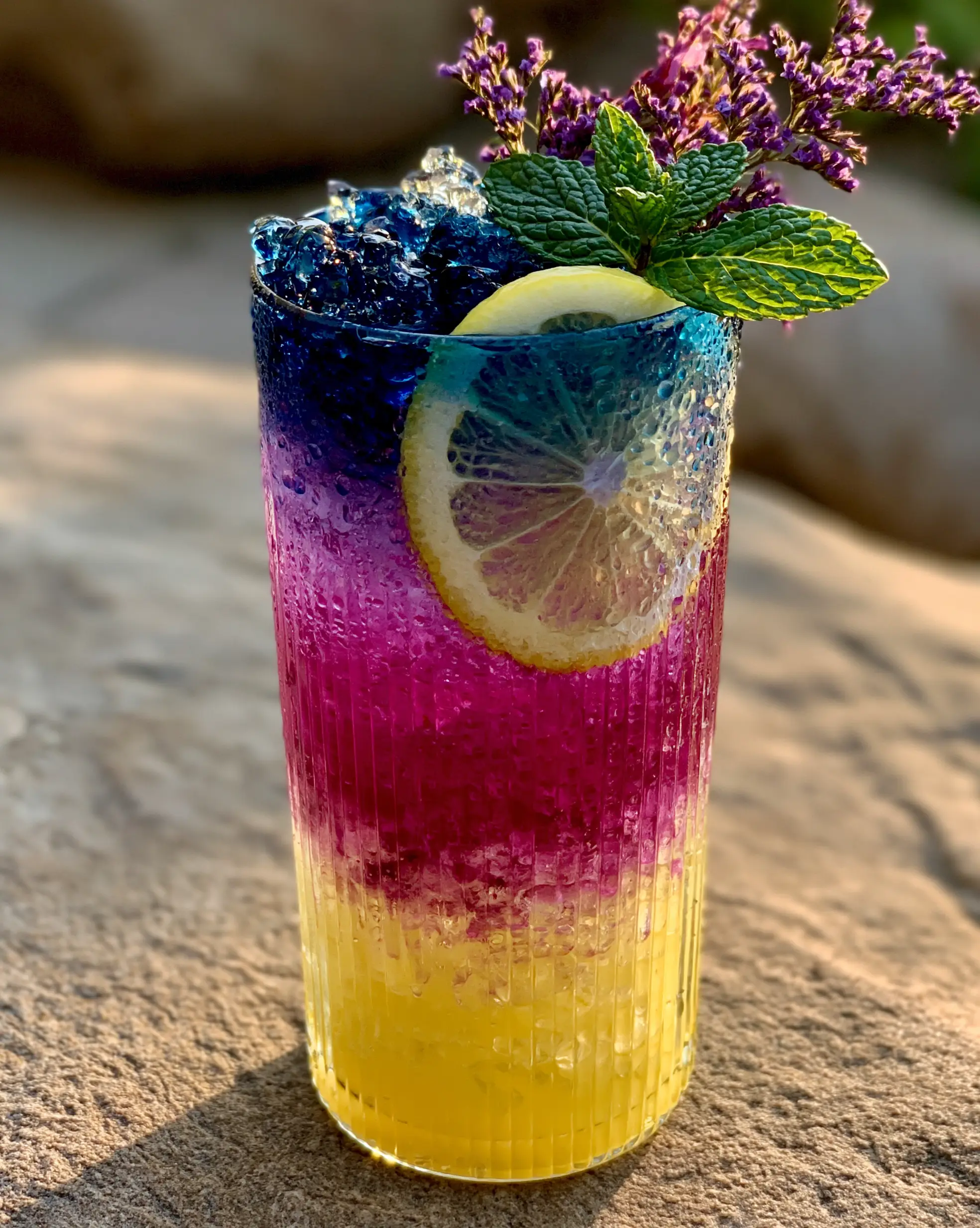 Detailed view of layered butterfly pea lemonade with vibrant blue tea on top and bright yellow syrup at the base.