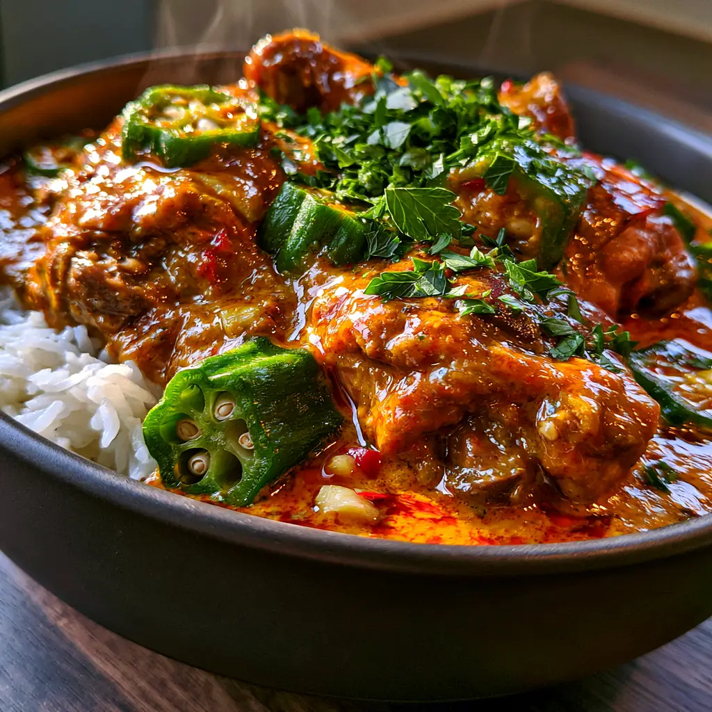 Succulent green okra slices and fork-tender chicken in a thick red Muamba sauce. (Chicken Muamba)