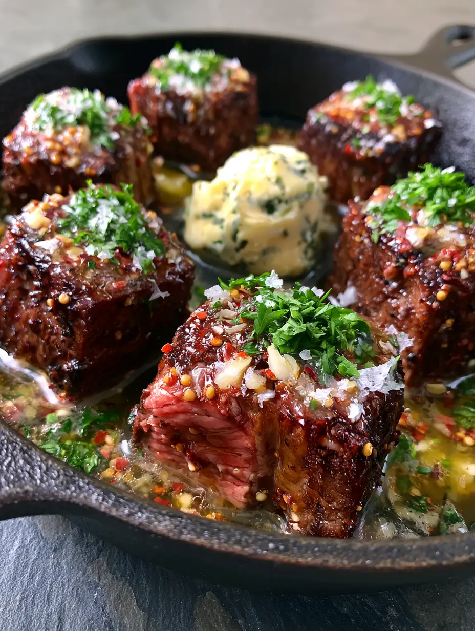 Sizzling ribeye steak cubes with deep brown crust and fresh parsley in a black cast iron pan. (cowboy butter steak bites)
