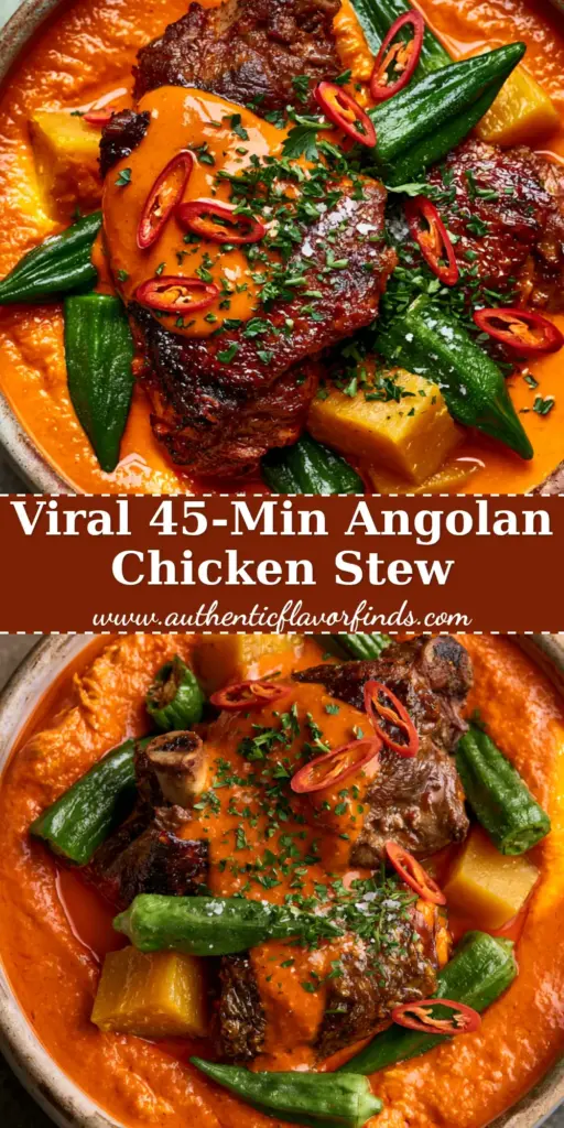 A rustic bowl of Angolan Muamba de Galinha with crispy chicken, green okra, and orange palm oil sauce. (Angolan dishes)