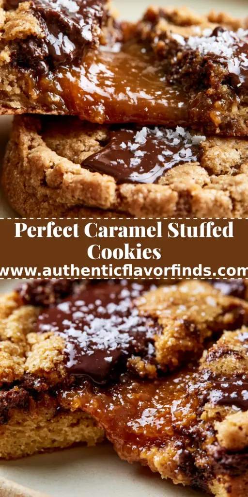 A thick deep dish chocolate chip caramel-filled cookie being pulled apart to reveal a gooey amber caramel center and dark chocolate pools.