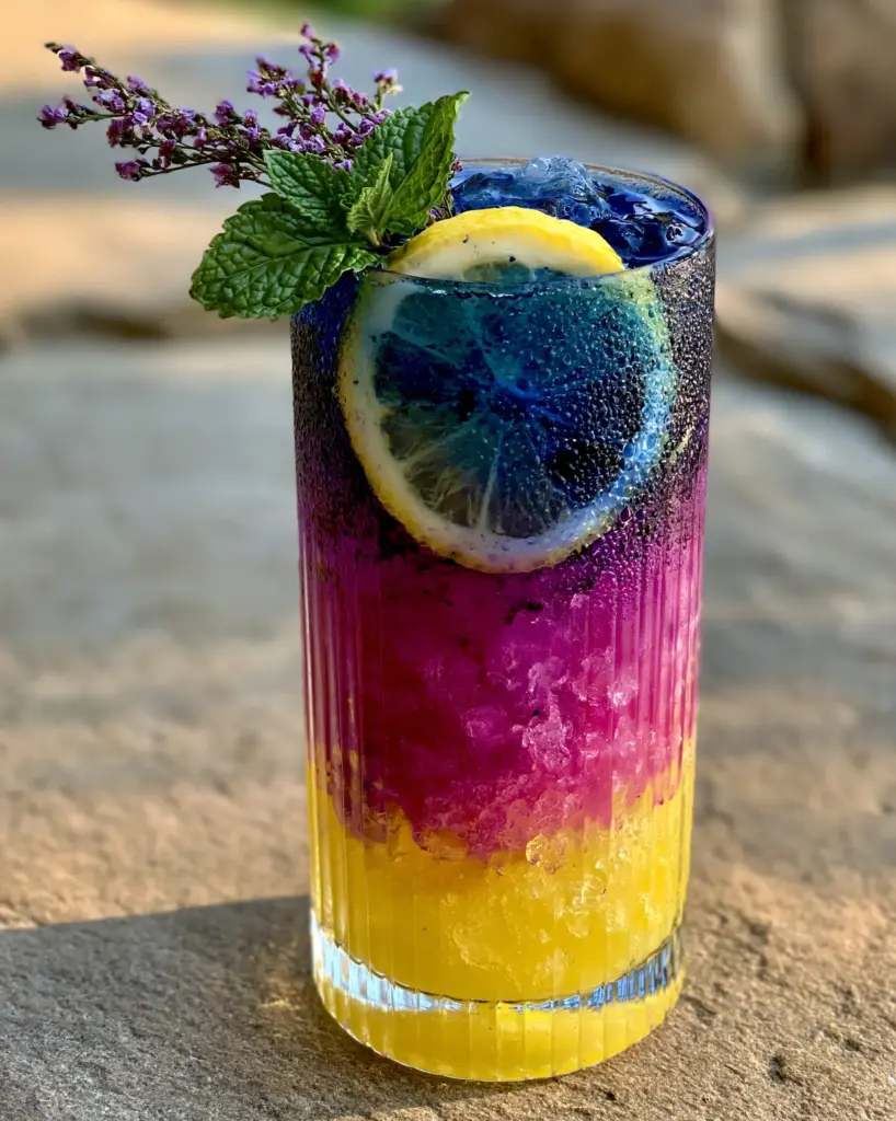 Close up of a ribbed glass with glistening condensation, crushed ice, and a sprig of fresh mint garnish.