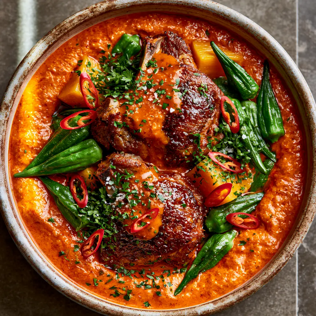 Top-down view of Muamba de Galinha in a rustic bowl garnished with fresh chili and parsley.