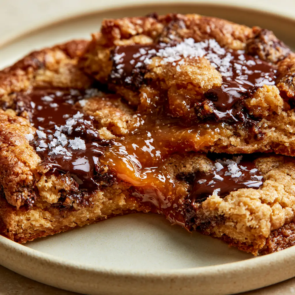 The caramel pull of a deep dish chocolate chip caramel-filled cookie held by hands.