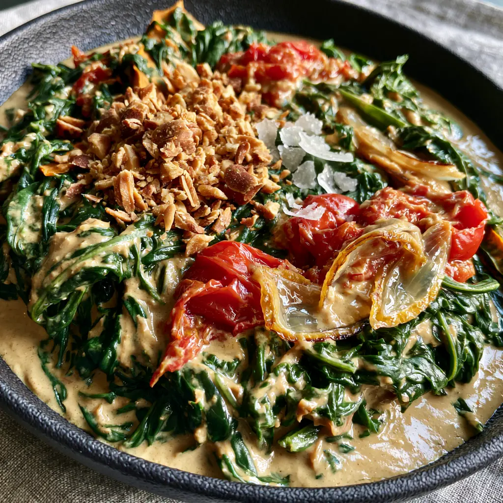 Close-up of stewed pumpkin leaves and softened red tomato chunks in a black bowl. (Zambian recipes)