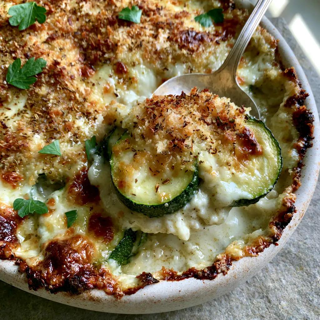 High-angle shot of a bubbling Zucchini and Cheese Casserole with charred cheese edges and Italian herbs.