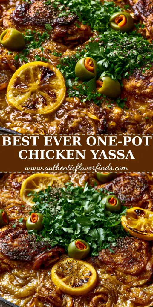 Rustic cast iron skillet with golden Chicken Yassa, jammy onions, charred lemons, and pimento olives. (Chicken Yassa)