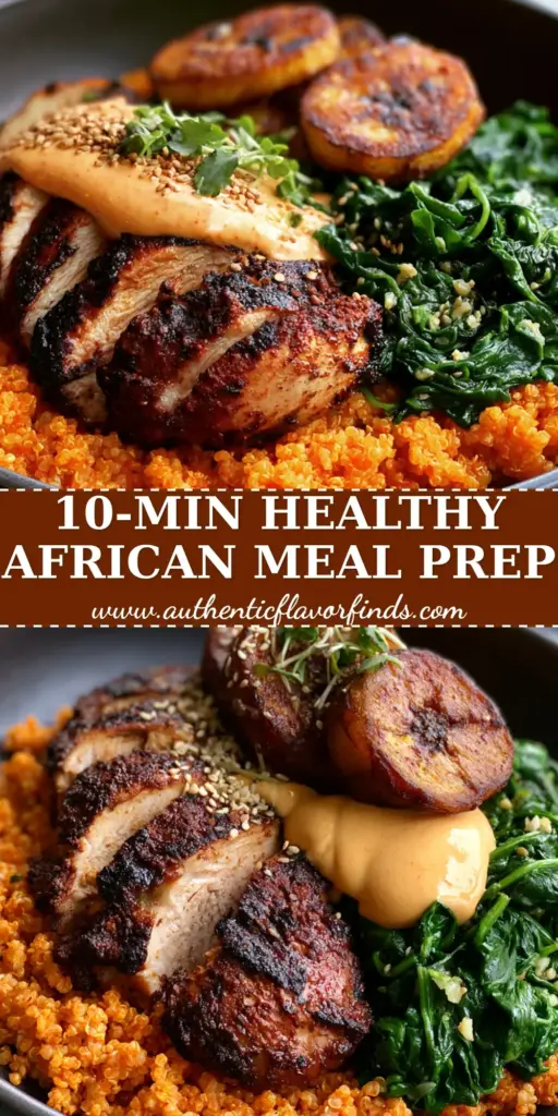 A gourmet meal prep bowl with mahogany Suya chicken, Jollof-style quinoa, emerald spinach, and caramelized plantains. (African foods)