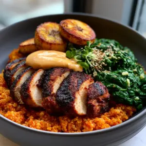 Close up of vibrant orange-red Jollof quinoa topped with mahogany Suya chicken strips. (African foods)