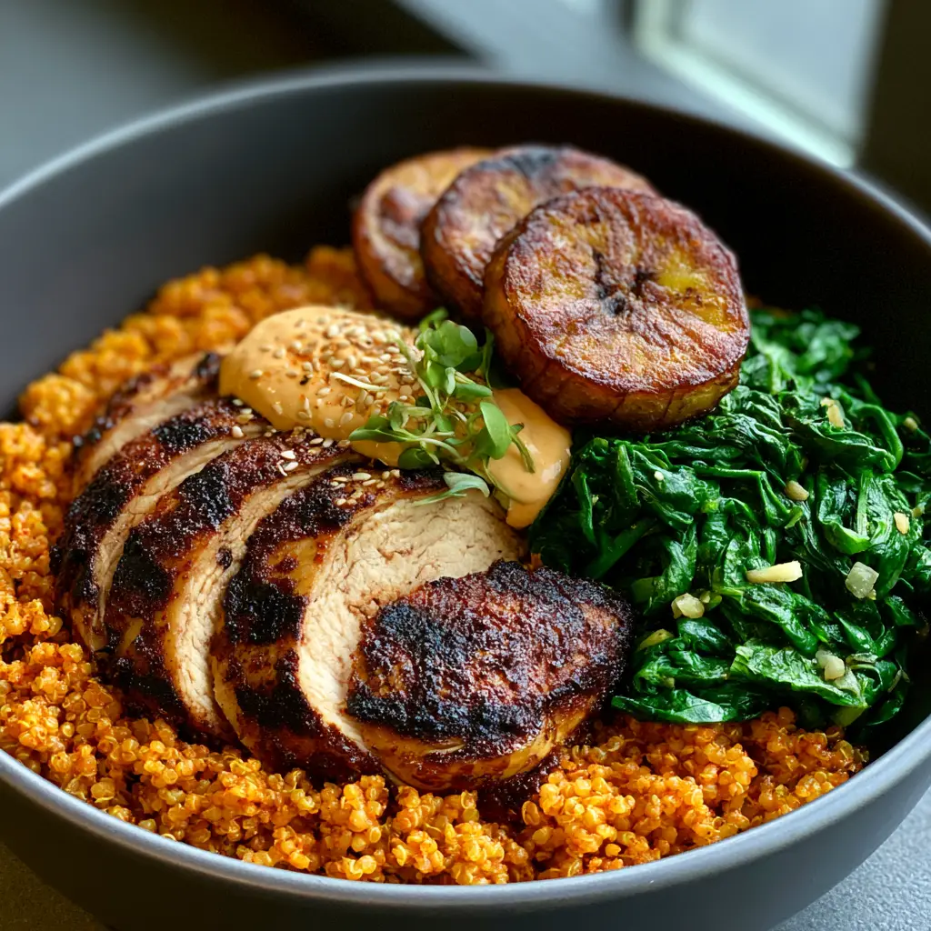 Full overhead view of the African foods bowl in a charcoal ceramic dish.
