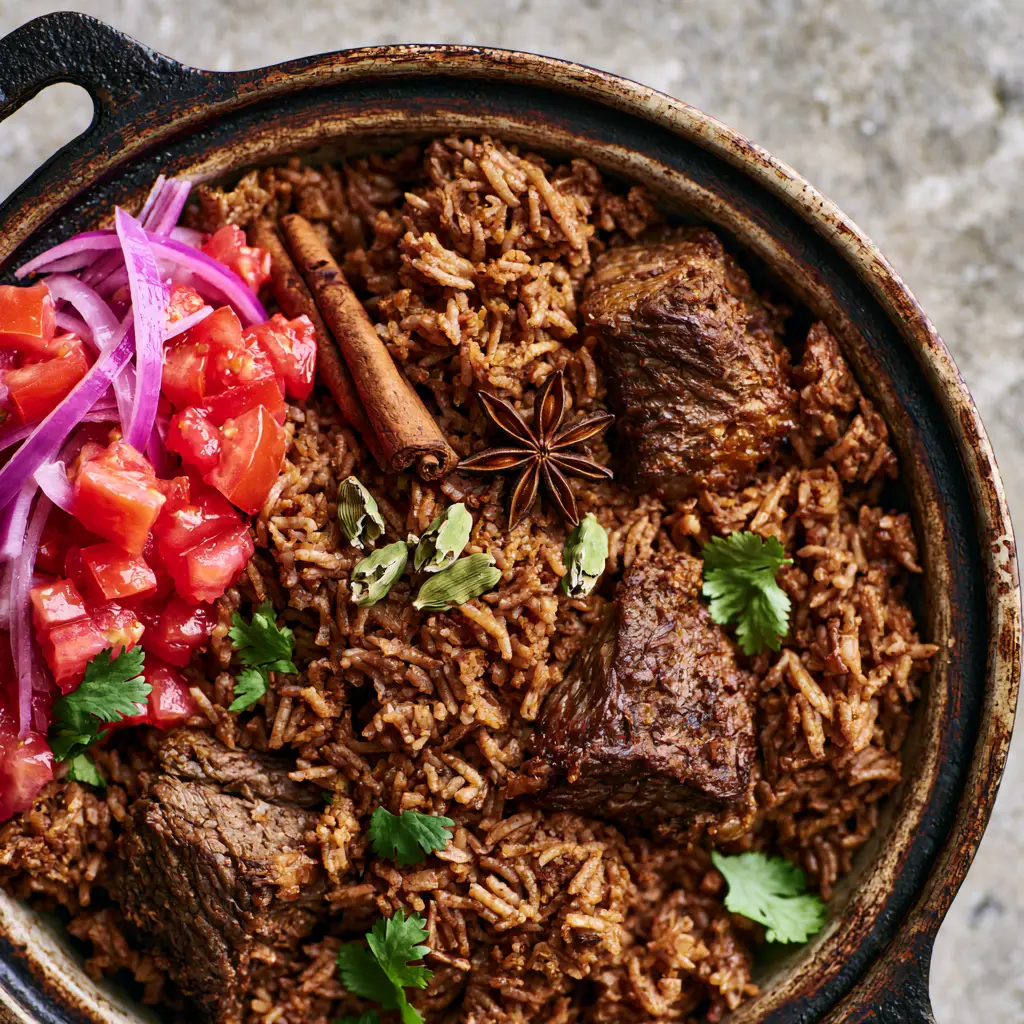 A high-angle view of a cast iron pot of East African Pilau Rice garnished with fresh cilantro, star anise, and whole cardamom.